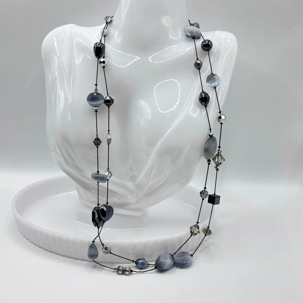 Fairy‎ Goth Beaded Long Double Strand Necklace Dabby Reid Grey Black Glass Resin